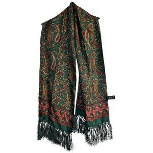 Basha 100% Silk Floral Medallion Red Green Gold Scarf with Fringe 9.5x50